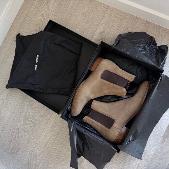 BRAND NEW IN BOX Saint Laurent Tan Suede Boots SUEDE SOHO Mid heel leather - Picture 12 of 14